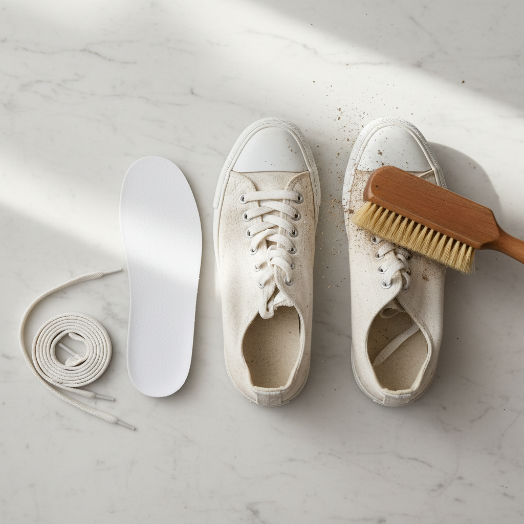 A bright, professional top-down photo showcasing the initial preparation steps for cleaning fabric shoes. A pair of white canvas sneakers, visibly dirty with mud and dust, sits on a light wooden or tiled surface. One shoe is being gently brushed with a dry shoe brush, dislodging loose dirt. Next to it, the shoelaces are neatly coiled, removed from the shoes, and a pair of clean insoles are placed beside them, also removed. The scene should convey a sense of methodical organization and readiness for cleaning, with soft, natural lighting and sharp focus.