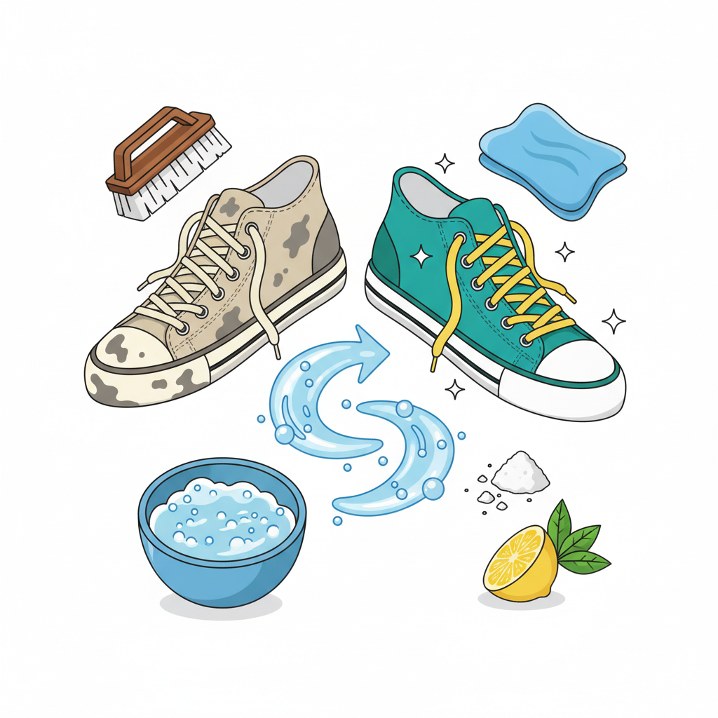 A dynamic, vibrant flat illustration depicting the transformation of fabric shoes from dirty to sparkling clean, alongside common cleaning tools. On one side, a worn, stained canvas sneaker appears dull and smudged. A subtle visual flow leads to the other side, where the same sneaker is now bright, colorful, and pristine. Surrounding this transformation, various cleaning items are arranged: a scrubbing brush, a small bowl with soapy water, a microfiber cloth, and subtle representations of natural remedies like a sprinkle of baking soda or a lemon slice. The style should be clean and engaging, emphasizing the effectiveness of the cleaning process.