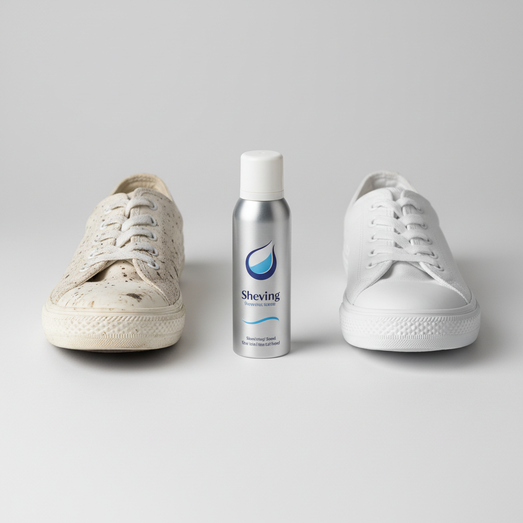 A visually striking 'before and after' image showcasing the transformative power of shaving foam on fabric shoes. On the left, a visibly dirty, scuffed white canvas sneaker, with noticeable smudges and dirt marks. On the right, an identical sneaker, immaculately clean and bright, looking brand new. Positioned subtly between them or in the foreground is a sleek, modern can of shaving foam, hinting at the cleaning agent. The lighting should be bright and even, highlighting the stark contrast in cleanliness. The overall style should be a crisp, clean professional product photograph, emphasizing effectiveness.
