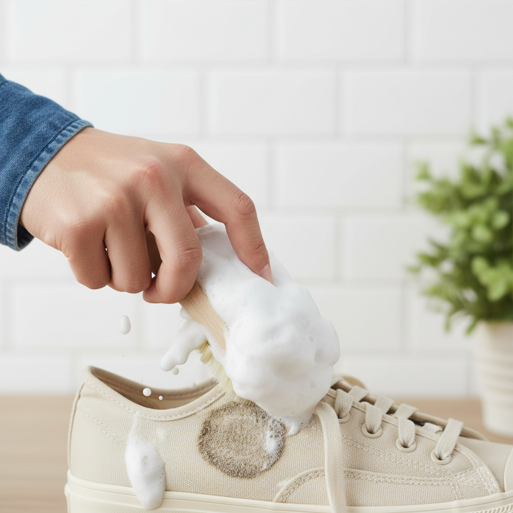 A dynamic close-up photograph illustrating the process of cleaning a fabric shoe with shaving foam. A human hand, holding a soft brush with light bristles, gently works a generous dollop of rich white shaving foam into a small, visibly soiled area on the canvas upper of a light-colored sneaker. The foam should appear thick and active, partially obscuring the dirt as it's being worked in. The background is softly blurred to keep the focus on the shoe, the foam, and the cleaning action. The style is bright and detailed, like a professional action shot for a DIY guide, emphasizing texture and a clean aesthetic.