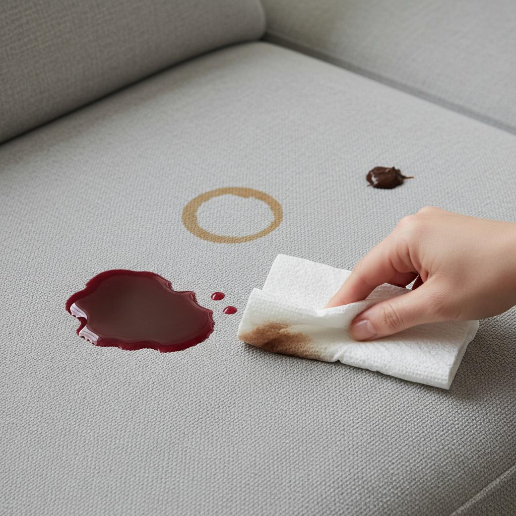 A professional close-up photo of a modern, light grey fabric sofa cushion. Several common household stains are subtly visible on the surface: a fresh red wine spill, a coffee ring, and a small, fresh chocolate smudge. A human hand, wearing a clean, neutral-colored cloth or paper towel, is gently dabbing at one of the liquid stains, demonstrating the immediate absorption technique without spreading it. The focus is on the action of stain removal, with clear fabric texture and realistic lighting. The scene conveys a sense of urgency and effective initial treatment for a common household problem.