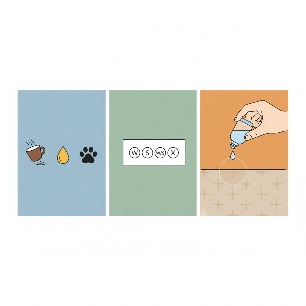 A clean, crisp flat illustration in a modern infographic style, depicting essential preparation steps for sofa stain removal. The composition features three distinct, clearly segmented visual areas. One area shows small, stylized icons representing different stain types (e.g., a spilled coffee cup for water-based, an oil drop for oil-based, a paw print for pet stains). Another area presents a close-up of a generic fabric care label with symbols (W, S, W/S, X) clearly illustrated. The third area shows a hand carefully applying a droplet of cleaning solution to an inconspicuous test patch on a sofa fabric swatch, emphasizing caution. The overall aesthetic is informative and easy to understand.