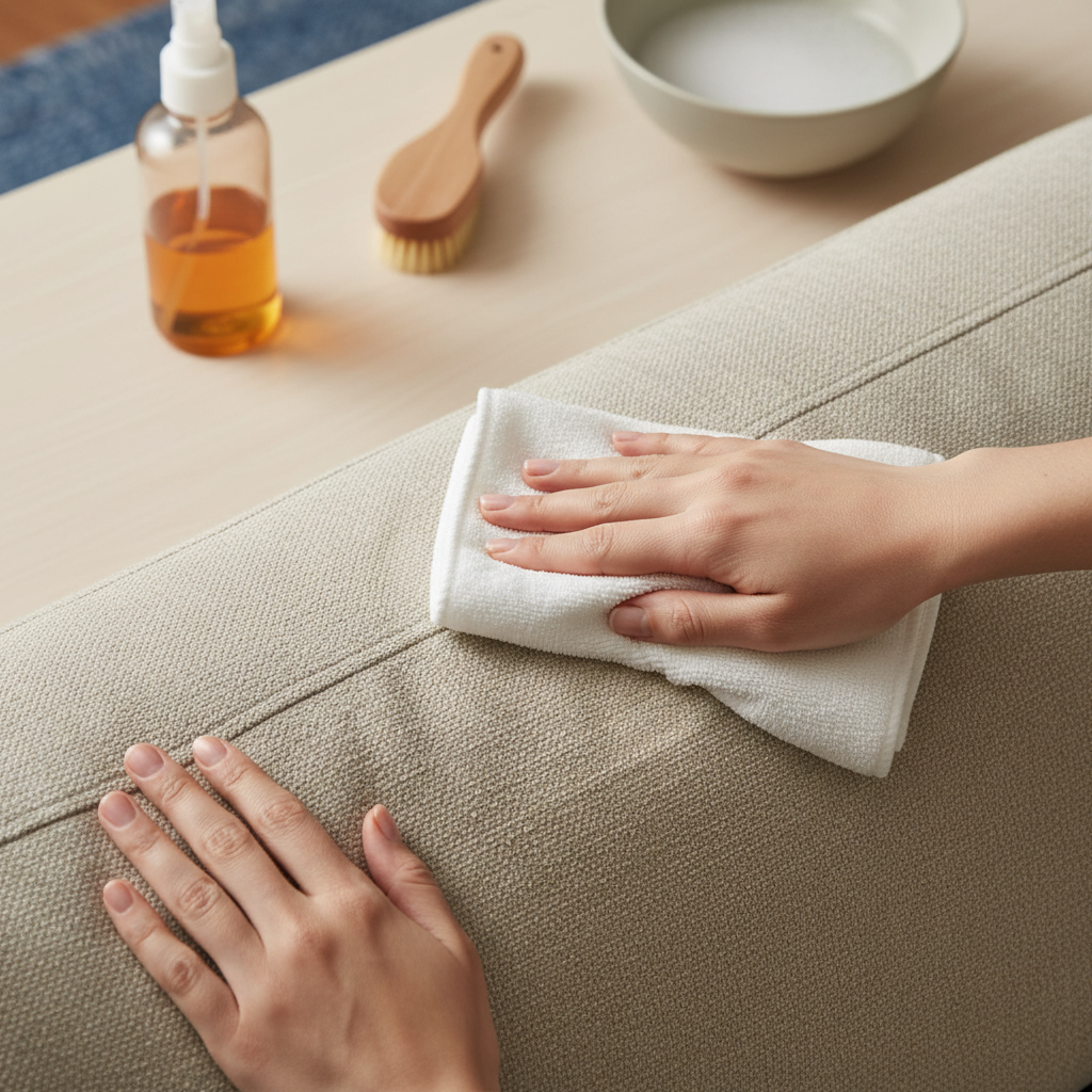 A close-up, top-down shot of hands in the process of cleaning a fabric sofa. One hand holds a clean microfibre cloth, gently dabbing a section of the sofa fabric. The fabric should appear soft and inviting, with a subtle difference between a cleaned area and a slightly less pristine one, implying effectiveness. In the background, slightly out of focus, cleaning essentials like a spray bottle, a soft brush, and a small bowl are neatly arranged. The overall mood is one of focused care and hygienic renewal. Professional, bright, and clean product photography with a slightly warm, inviting tone.