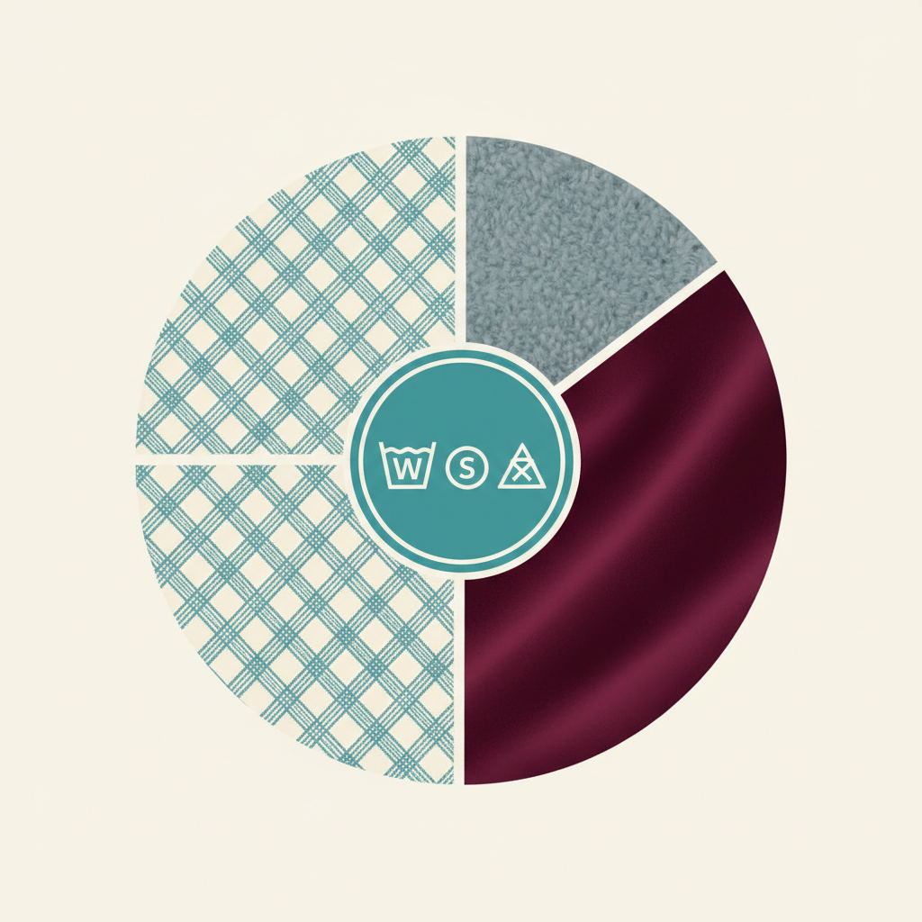 An informative flat illustration depicting various fabric textures radiating outwards from a central, stylized care label. The care label clearly shows universal cleaning symbols (e.g., a 'W' in a bucket, an 'S' in a circle, an 'X' symbol) without any specific words. Around it, distinct textile patterns for cotton (woven), microfibre (soft, short pile), and velvet (subtle sheen) are visually represented, showcasing their unique characteristics. The illustration should be clean, modern, and have a clear, infographic-like aesthetic using a harmonious, limited color palette.
