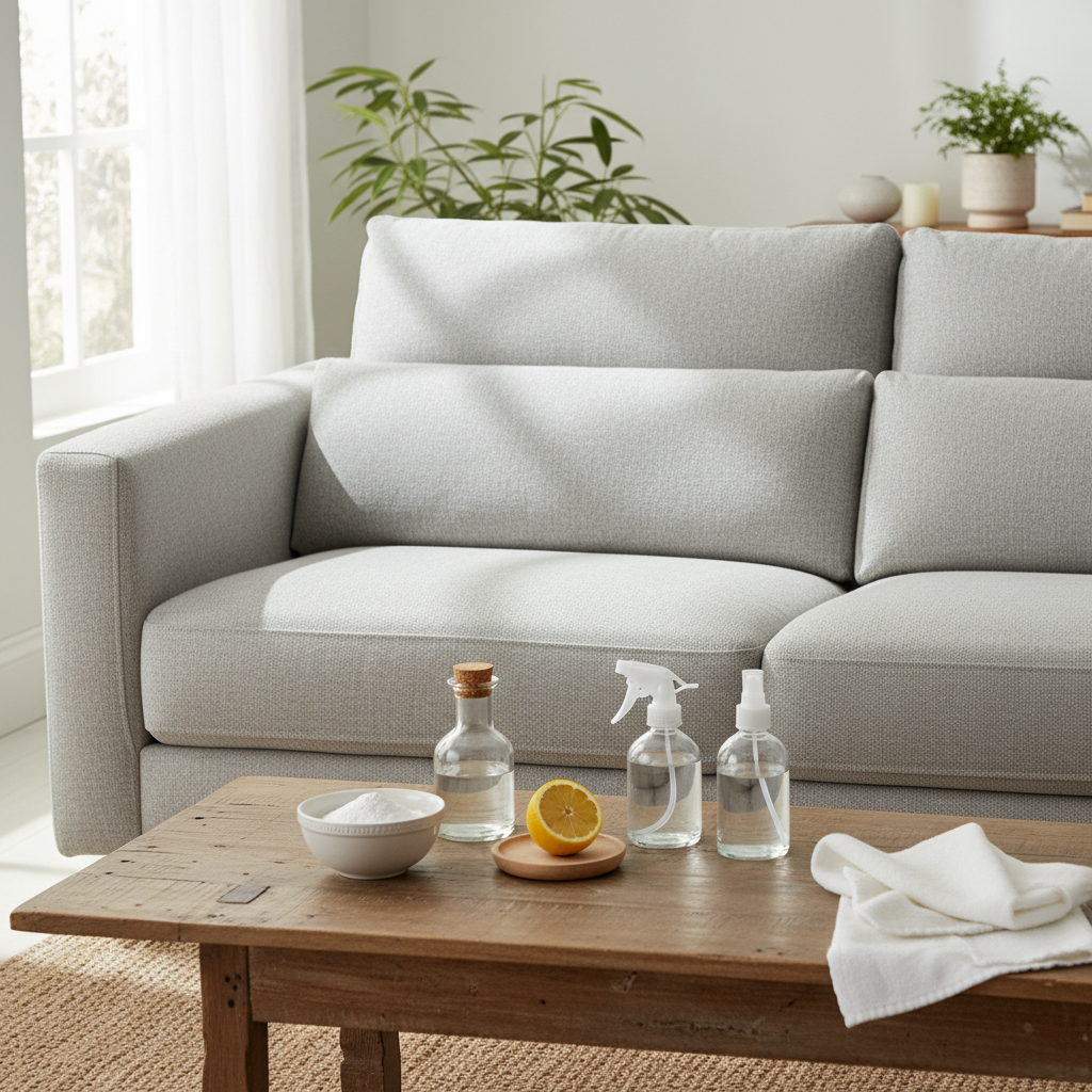 A vibrant, inviting scene of a meticulously clean, light grey fabric sofa, positioned in a bright and airy living room. On a rustic wooden coffee table in front of the sofa, an assortment of natural cleaning ingredients is neatly arranged: a bowl of baking soda, a small glass bottle of white vinegar, half a lemon, a spray bottle filled with water, and a couple of soft, clean cloths. Sunlight streams into the room, highlighting the sofa's freshness and the natural elements. Style: Bright, professional lifestyle photograph with a clean and natural aesthetic.