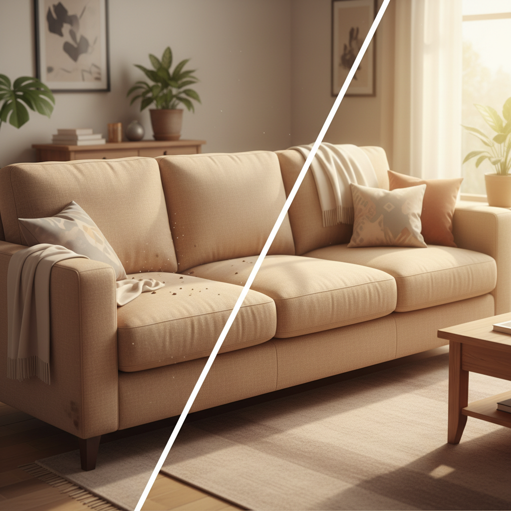 A split image or subtle transition showing a fabric sofa in a cozy living room. One side depicts the sofa appearing slightly worn, with faint, generic smudges and dust accumulating on the fabric, perhaps a few crumbs nestled in the seams. The other side, or the revitalized portion, showcases the same sofa looking impeccably clean, fresh, and vibrant, its fabric smooth and inviting. Soft natural light illuminates the 'after' state, emphasizing its renewed aesthetic and comfort. The overall style is a professional, high-quality digital illustration, focusing on visual appeal and transformation.