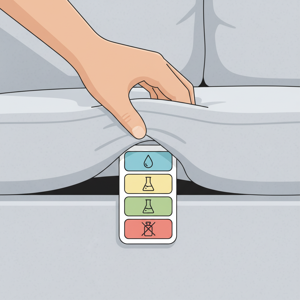 A clean, modern flat illustration or infographic-style image. A close-up perspective focuses on a hand gently lifting a sofa cushion or flap to reveal a manufacturer's fabric care tag. The tag is clearly visible, displaying distinct sections for different cleaning codes like 'W', 'S', 'W/S', and 'X'. Each code section features a simple, universally recognizable visual icon representing its meaning (e.g., a water droplet for 'W', a solvent bottle icon for 'S', a combination of both for 'W/S', and a crossed-out spray bottle for 'X'). The sofa fabric is subtly visible in the background, adding context to the tag. The image should be purely visual.