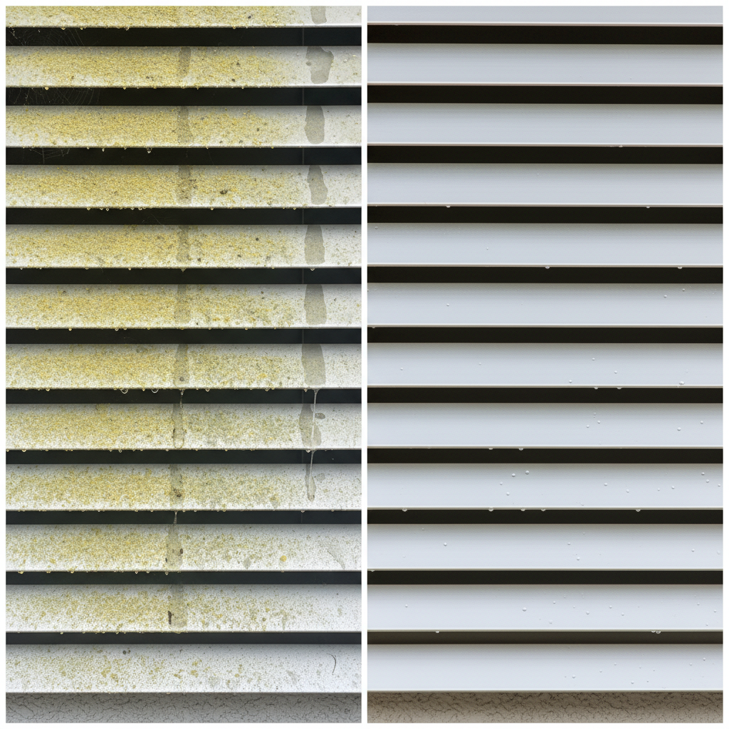 A visually striking split-screen image of a section of outdoor window blinds (Storen) on a building exterior. On the left side, the individual slats are covered in a fine layer of dust, pollen particles, and faint streaks of grime, with a small, delicate spiderweb in one corner, clearly depicting neglect. On the right side, the identical section of blinds is immaculately clean, its surface gleaming and reflecting a soft, diffused light, highlighting the material's original color and texture. The overall impression is a stark, appealing contrast between unkempt and pristine. Professional photo with a focus on intricate detail and tangible texture.