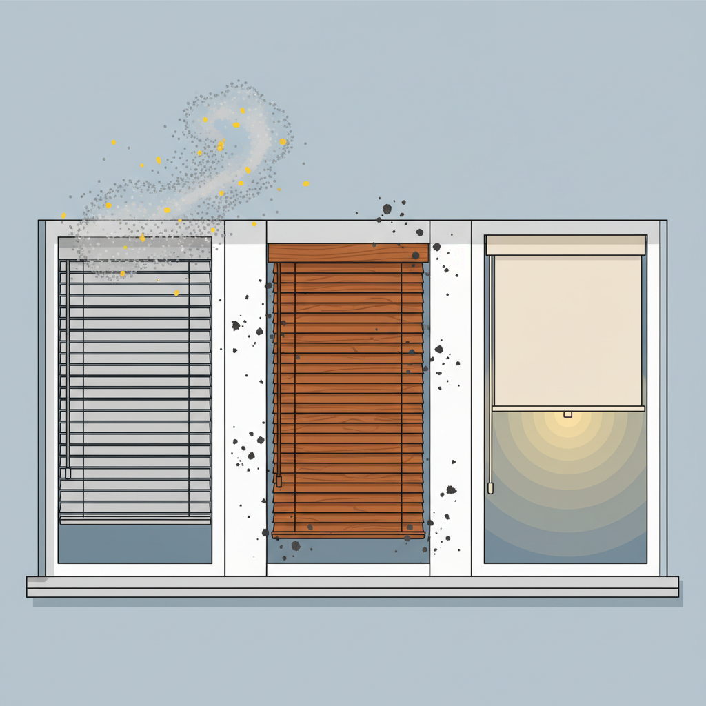 An eye-level flat illustration depicting a variety of exterior window blinds (Storen) – including sleek aluminum slats, classic wooden louvers, and a modern fabric roller blind – mounted on a stylized, clean building facade. Around the blinds, abstract elements like swirling grey dust particles, tiny yellow pollen shapes, and dark soot specks are playfully represented, indicating common pollutants. From one of the now-clean blinds, a subtle, radiating light or glow emanates, symbolizing the positive impact of cleaning and renewed aesthetic appeal. The illustration uses a modern, inviting color palette with crisp lines.