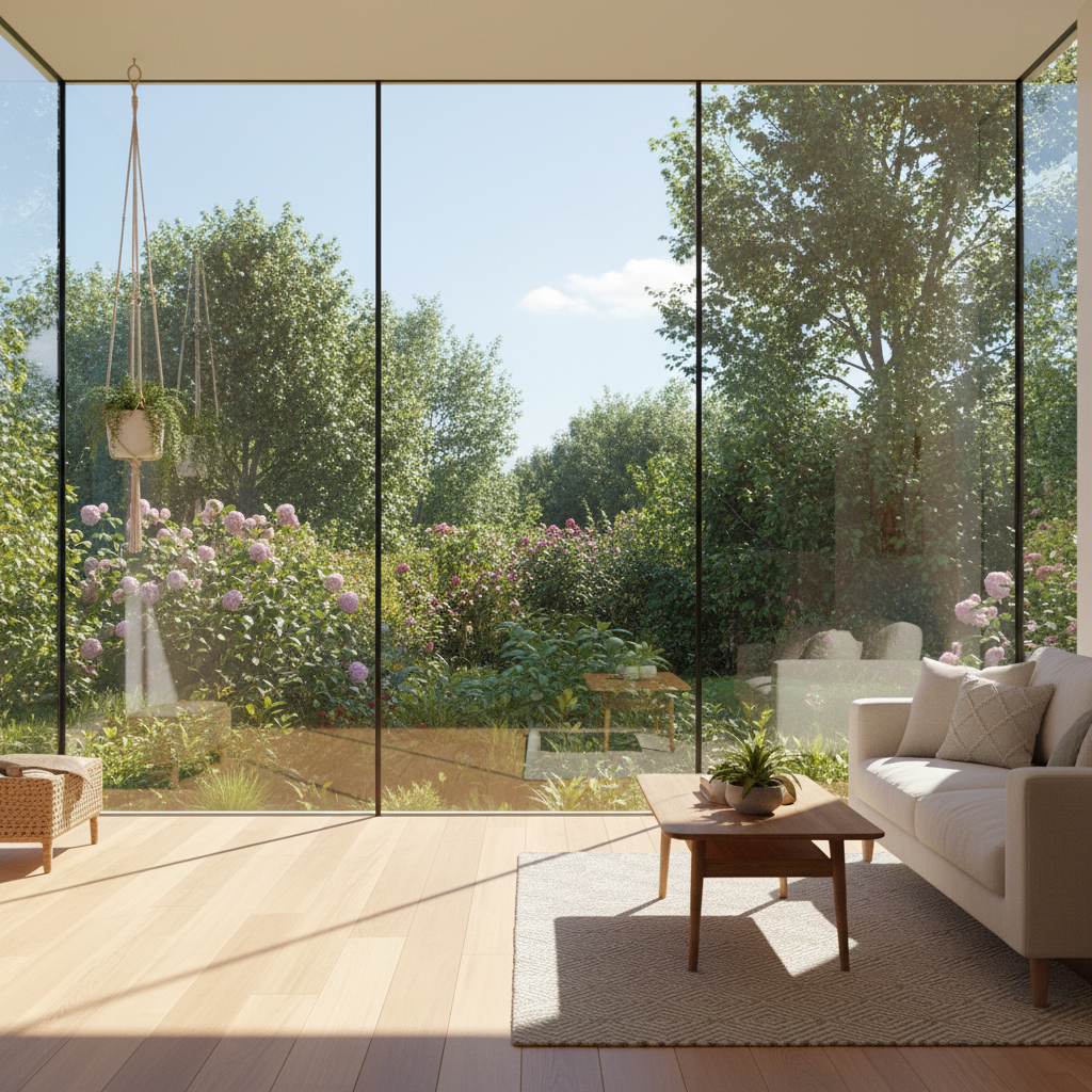 A professional photo of a bright, sunlit living room interior. Large, immaculately clean windows dominate the scene, allowing abundant natural light to flood the space and create a warm, inviting atmosphere. Outside, a lush, vibrant garden or a pleasant, clear sky is visible through the crystal-clear glass, emphasizing the perfect transparency of the windows. The room feels airy, pristine, and uplifting, showcasing the positive impact of streak-free windows.