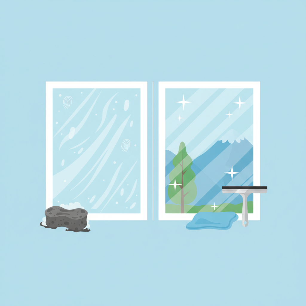 A clean, crisp flat illustration depicting a visual comparison of two window panes side-by-side. The left pane is covered with noticeable streaks, watermarks, and smudges, with a dirty, well-used cleaning cloth or sponge implying the cause. The right pane is sparkling clean, reflecting light sharply and perfectly transparent, with a fresh, clean microfibre cloth or a pristine squeegee nearby, symbolizing proper technique and tools. The contrast between the streaky and the gleaming surface should be immediately evident.