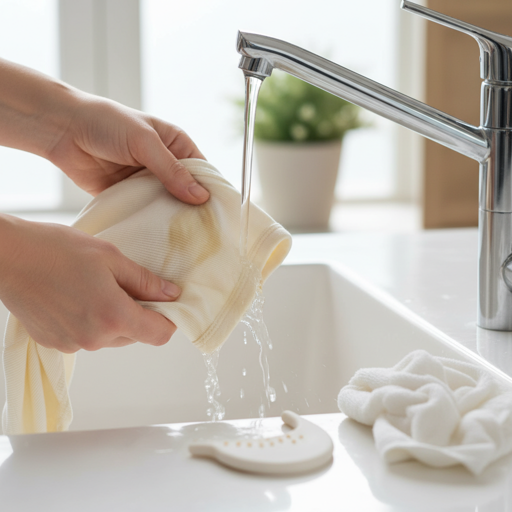A pair of gentle hands carefully rinsing a light yellow-brown stain from a soft, light-colored baby onesie under a stream of cold, clear water from a kitchen or utility sink faucet. The water flows from the back of the fabric, pushing the stain out. In the foreground, a soft cloth or a small plastic scraper has just removed visible solid residue. The scene emphasizes immediate, gentle action. Style: Clean, bright professional photography with a shallow depth of field, highlighting the hands and garment.