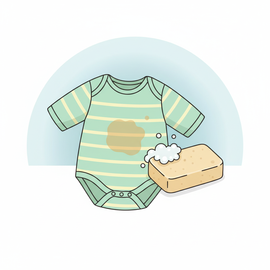 A cheerful, bright flat illustration depicting a small, pastel-colored baby onesie with a circular, faint yellowish-brown stain on the front. Next to the onesie, a bar of natural, beige-colored Gallseife (bile soap) rests, with a few small, bubbly suds indicating its use. The background is simple and uncluttered, suggesting a clean surface. The overall image conveys a simple, effective cleaning solution for common baby clothing stains. Style: Modern, clean flat illustration with soft colors and clear outlines.