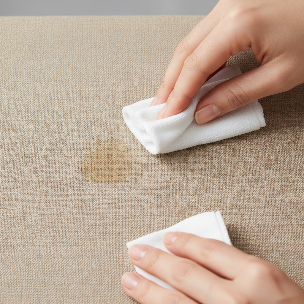A close-up, professional studio photo focusing on the delicate textures of a luxurious wool and silk fabric swatch. On the fabric, an indistinct, small organic stain is visible. A person's hands, with clean, manicured nails, are gently dabbing the stain with a soft, pristine white cloth, which is slightly damp with cold water, indicated by a subtle moisture effect on the fabric. The lighting is soft and natural, emphasizing the fibers and sheen without harsh shadows. The overall image conveys care, delicacy, and the start of a gentle cleaning process.
