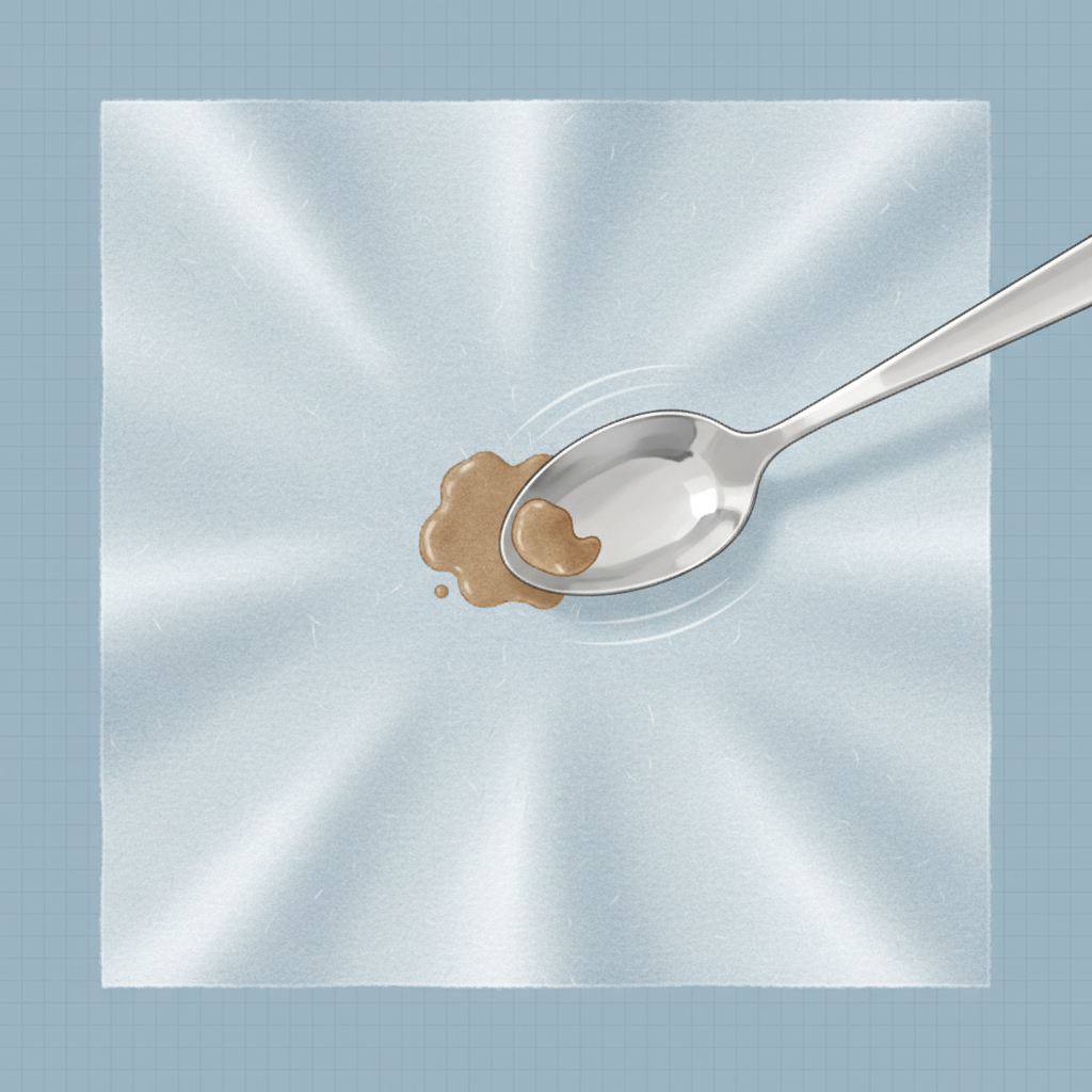 An illustrative, clean infographic style image depicting the crucial first step of stain removal on delicate textiles. From a top-down perspective, a subtly textured fabric (representing both wool and silk with a smooth sheen and a soft fuzzy texture) shows a small, indistinct organic stain. A blunt object, like the edge of a clean, silver spoon or a credit card, is positioned just above the stain, illustrating the action of gently lifting or scraping away excess material without rubbing. The background is simple and uncluttered, highlighting the precise and careful motion.