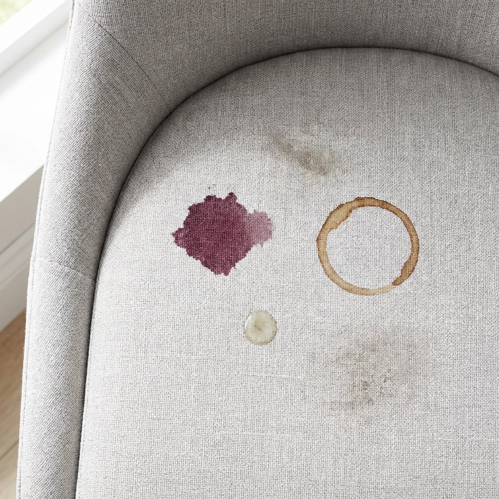 A visually appealing, brightly lit flat lay or top-down composition featuring a section of a contemporary upholstered chair (e.g., light grey fabric). The chair surface is adorned with several distinct, yet subtly integrated, common stains: a reddish-purple wine spill, a brown coffee ring, a small greasy food spot, and a faint, dried-on dirt smudge. The overall impression should be slightly distressed but not repulsive, highlighting the variety of problems. Use a professional, clean product photography style with a shallow depth of field, emphasizing the texture of the fabric and the different characteristics of the stains.