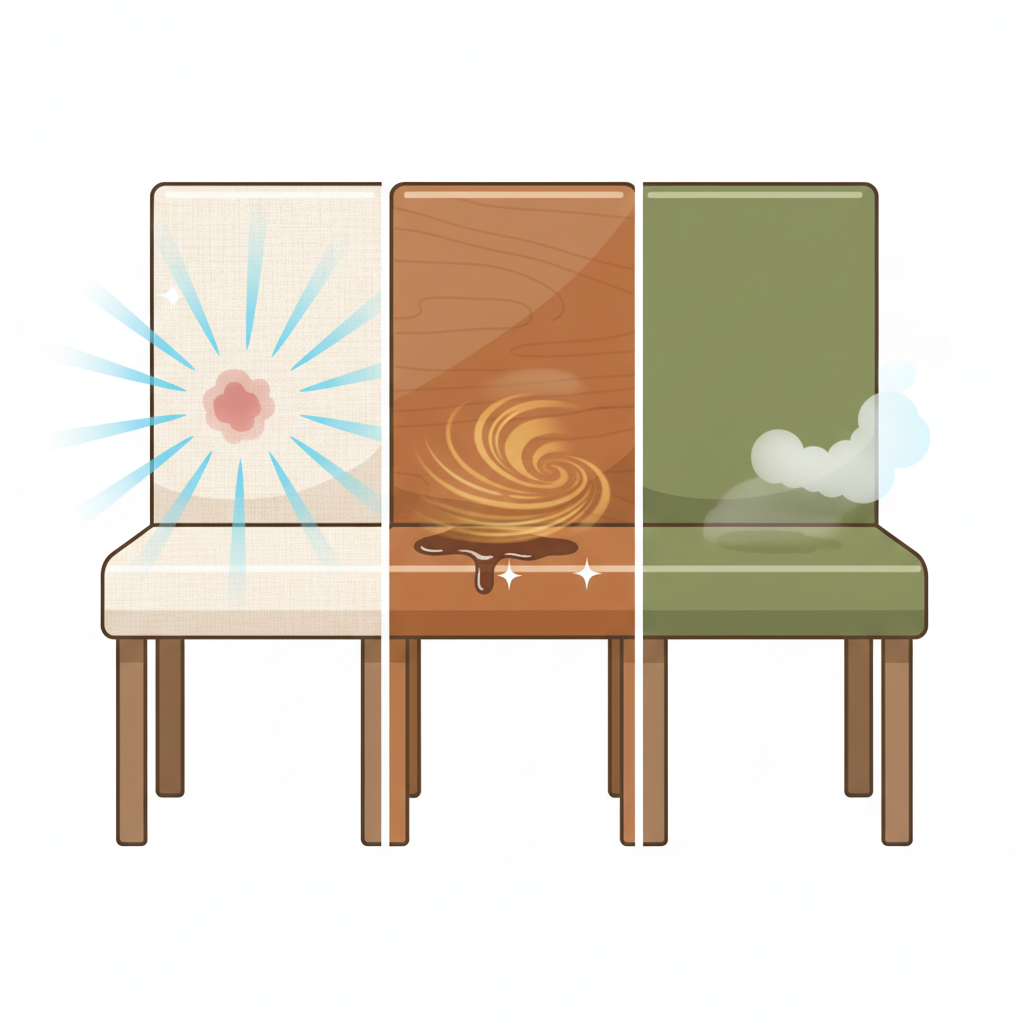 An infographic-style illustration depicting the concept of stain removal tailored to different chair materials. Show a split or segmented representation of a generic chair, with each section clearly distinguishable as a different material type: one segment as light fabric, another as polished wood, and a third as smooth faux leather. Emanating from each material segment, show a subtle, abstract visual cue of a cleaning action or a removed stain, symbolizing the restoration to cleanliness. The overall aesthetic should be clean, modern, and easily understandable, with a bright color palette, focusing on the concept of effective and diverse cleaning methods.