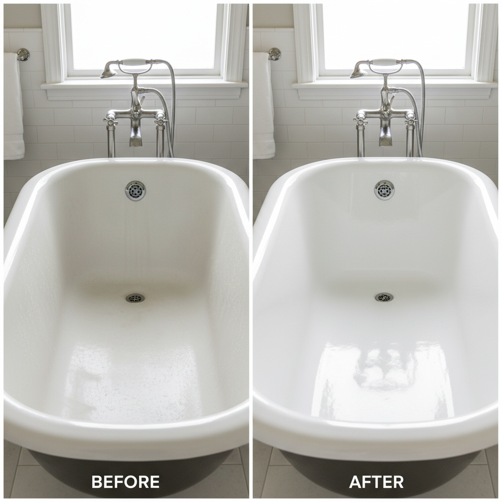 A split image showing a 'before and after' transformation of a bathtub. On the left, a bathtub appears dull, covered in subtle layers of soap scum and limescale, reflecting light poorly. The surface looks matte and uninviting. On the right, the exact same bathtub is pristine, sparkling white, and highly reflective, appearing brand new. Light catches its smooth surface, creating a radiant glow. The overall composition should clearly illustrate the contrast between neglected and meticulously cleaned. Professional photo style, with bright, clean lighting emphasizing the restored luster.