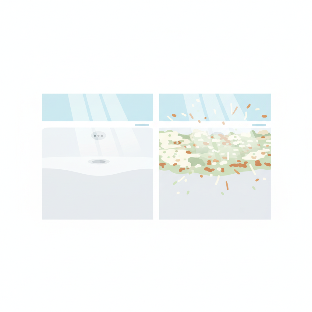 A detailed, cutaway flat illustration depicting the microscopic causes of a dull bathtub surface. One section of the illustration shows a perfectly smooth, white bathtub surface, reflecting light evenly. Adjacent to it, another section reveals a magnified view of the surface coated with abstract, tiny particles representing soap scum, limescale, and mineral deposits. These layers are shown clinging to the surface, causing light to scatter unevenly, resulting in a dull appearance. The illustration should be clean, informative, and visually explain the concept. Infographic style, bright and clean colors.