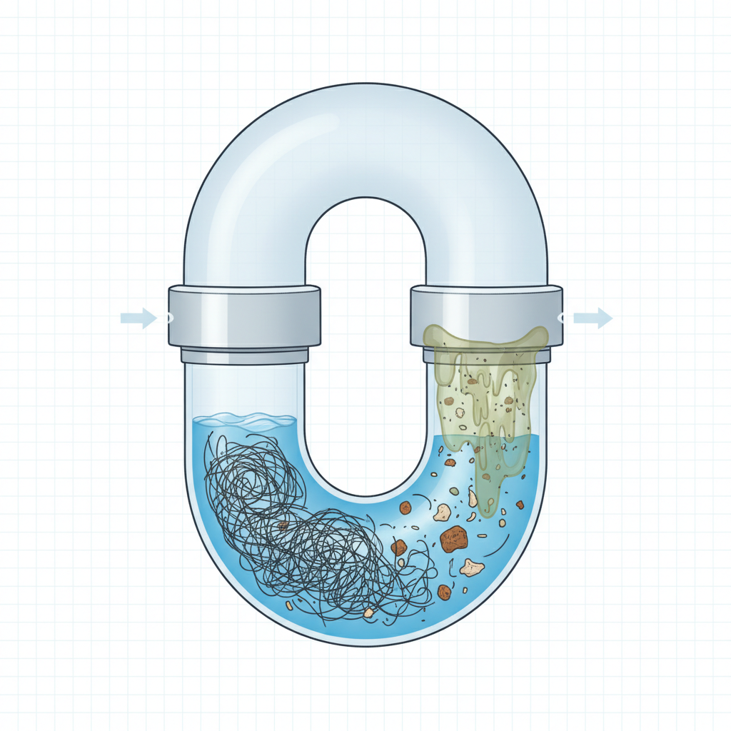 A detailed cutaway diagram illustrating the interior of a typical kitchen sink syphon (Geruchsverschluss). The U-shaped pipe clearly shows a transparent blue water trap at its lowest point, functioning as a barrier. Within the bend of the syphon, a visible accumulation of tangled hair, small food particles, and a greasy film creates a partial blockage, indicating the source of potential foul odors. The surrounding area is minimalistic, focusing on the syphon's structure and its internal issues. Infographic style with a clean, technical illustration.