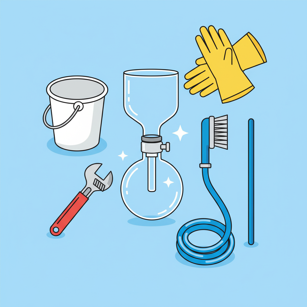 A vibrant, clean flat illustration showcasing a collection of essential tools for effectively cleaning a syphon. The image features a small, empty bucket, a pipe wrench, a flexible drain snake or long cleaning brush, and a pair of yellow rubber gloves neatly arranged on a bright, uncluttered surface. A detached syphon, appearing clean and pristine, is positioned centrally among the tools, perhaps with a subtle sparkle to emphasize its restored condition. The overall aesthetic is modern, clear, and encouraging.