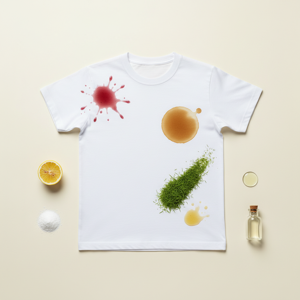A clean, crisp white t-shirt laid flat on a light background. Several distinct, common stains are visually prominent on its surface: a reddish-purple wine spill, a circular brown coffee stain, a vibrant green grass smudge, and a translucent grease splat. Nearby, subtle, symbolic elements of natural cleaning agents are artfully arranged, such as a lemon slice, a sprinkle of baking soda powder, a small clear droplet of water, and a miniature container implying vinegar. The overall aesthetic is bright and clean, visually highlighting the contrast between the pristine fabric and the colorful imperfections. Professional studio photograph with a clean, high-key lighting.