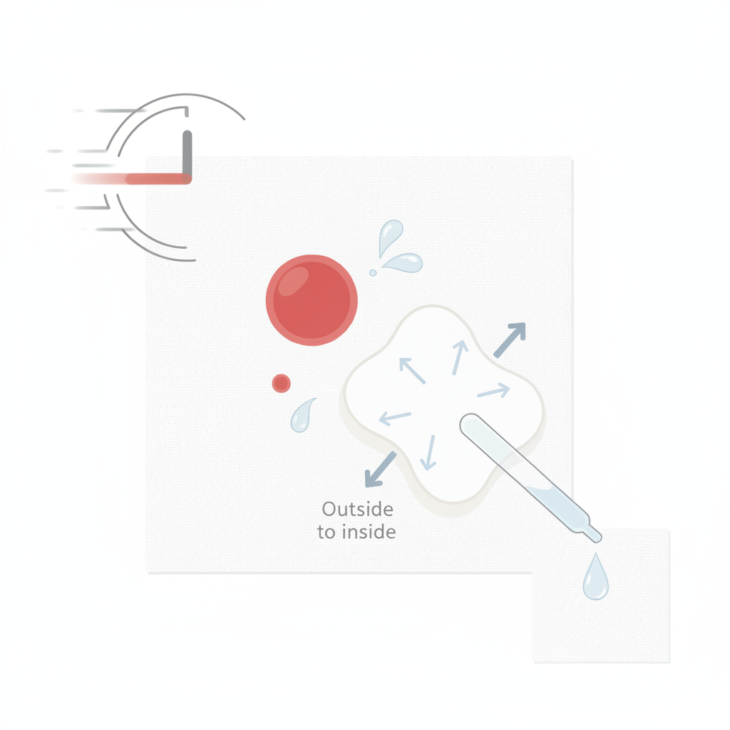 A minimalist, top-down view illustrating key principles of stain treatment on a white fabric surface. In the center, a fresh, small red liquid stain (like juice) is visible on a piece of white cloth. Surrounding it are symbolic visual cues: a fast-moving clock hand or a subtle blur to denote 'quick action', a small, isolated fabric swatch in a corner being gently dabbed with a testing liquid, and a soft, clean white cloth or sponge gently pressing and moving inwards towards the stain, illustrating the 'outside to inside' dabbing motion. A refreshing splash or delicate droplets of cold water are subtly integrated into the scene. Clean, modern flat illustration with a soft, limited color palette focusing on the actions.