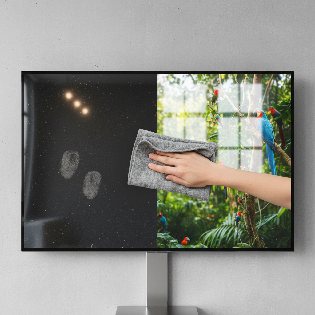 A professional photo of a modern, large flat-screen television. The screen is vertically divided: the left half is visibly clouded with prominent streaks, dust, and hazy fingerprints, showing a dull, distorted reflection. The right half is impeccably clean, crystal-clear, and highly reflective, displaying a sharp, vibrant, almost hyper-real image. A soft, gray microfiber cloth is positioned at the dividing line, gently wiping, suggesting the transformation from dirty to clean. The overall impression is one of stark contrast and satisfying clarity.