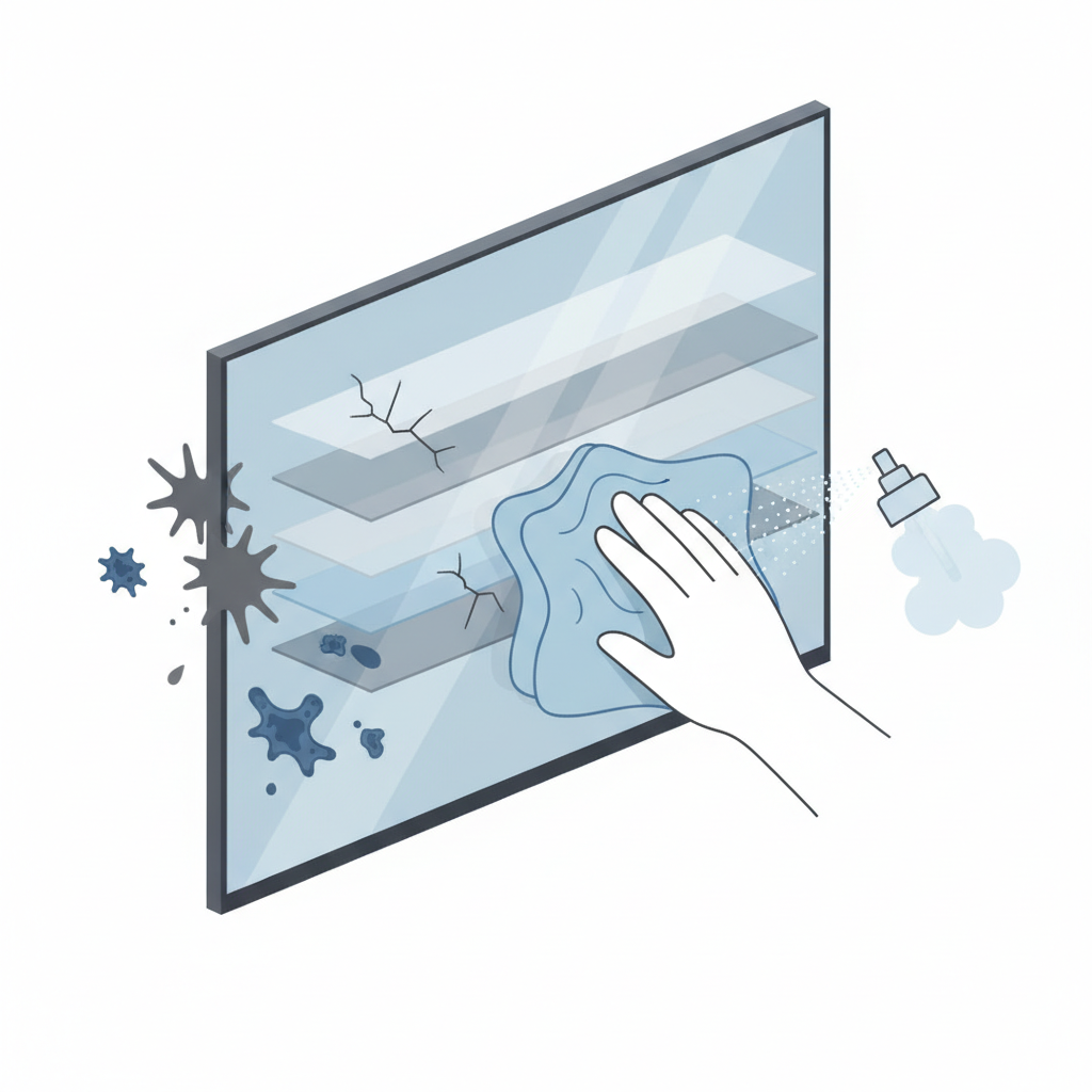 A flat illustration depicting a close-up, stylized cross-section of a high-tech TV screen, showcasing its multiple delicate layers and coatings. On one side, abstract representations of harmful elements like rough particles or harsh chemical droplets are subtly damaging the screen layers. On the other side, an ultra-soft, finely woven microfiber cloth and a gentle, fine mist from a spray bottle are approaching the screen carefully. The color palette is clean and modern, using muted blues, grays, and whites, highlighting precision and care for sensitive surfaces.