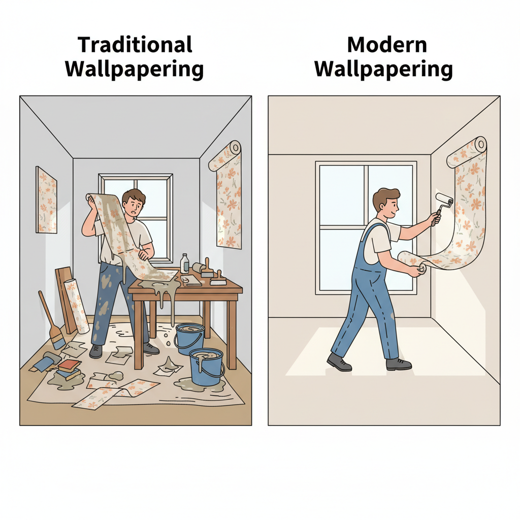A side-by-side comparison illustrating traditional vs. modern wallpapering. On one side, a cramped room with a large, messy pasting table, buckets, and a person struggling with a wet, folded wallpaper strip. On the other side, the same room appears spacious and clear, with a person confidently applying a wallpaper strip directly to the wall using a roller, no table in sight. The contrast highlights efficiency and cleanliness. Flat illustration style with clear, distinct sections.