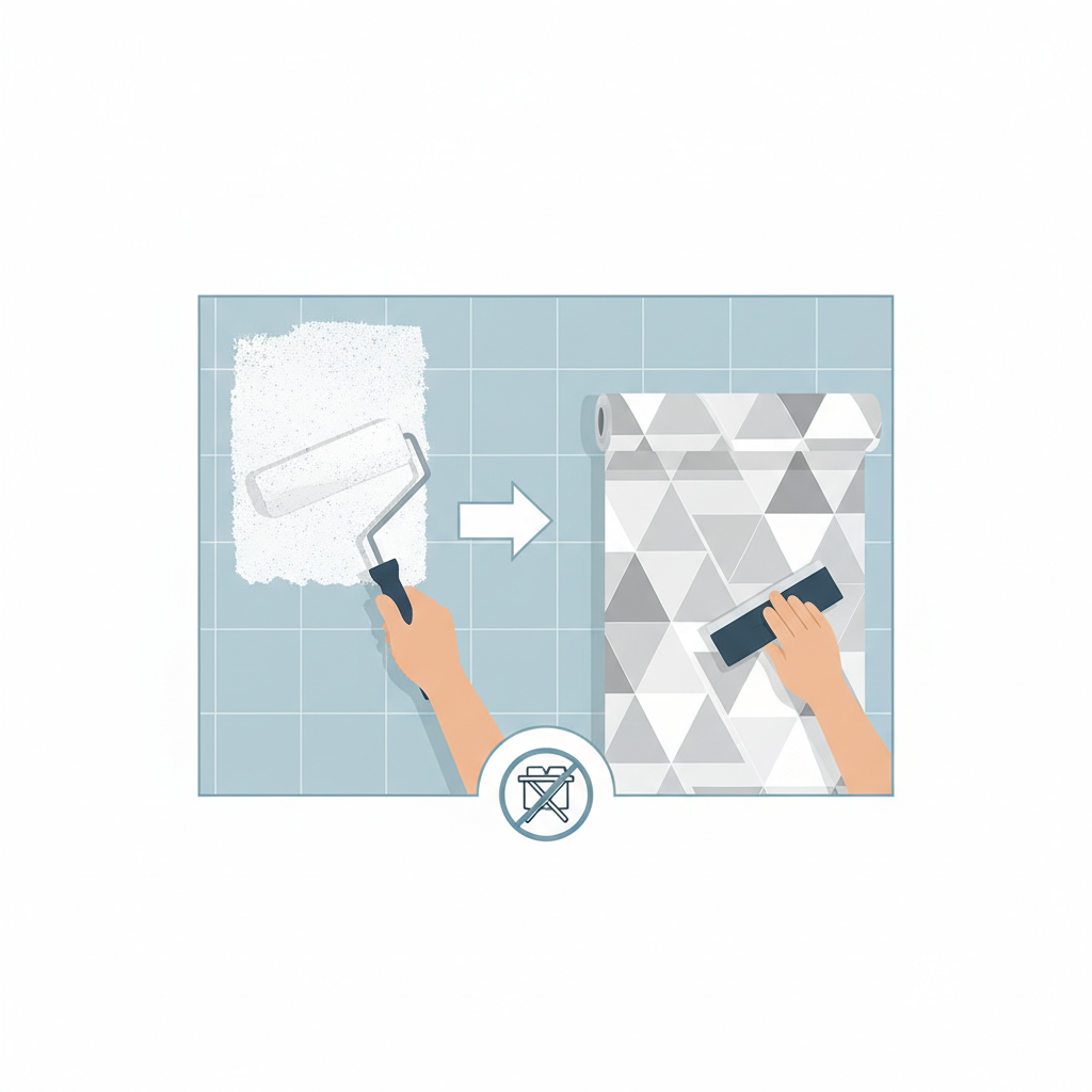 A detailed infographic-style diagram showing the 'paste-the-wall' method. The image should depict a hand holding a roller, applying adhesive directly onto a clean wall section. Following this, another hand is shown gently pressing a roll of non-woven wallpaper onto the freshly pasted wall, smoothing it down. The focus is on the process, clearly demonstrating the absence of a pasting table and the direct application. Clean, modern, and easy-to-understand visual.