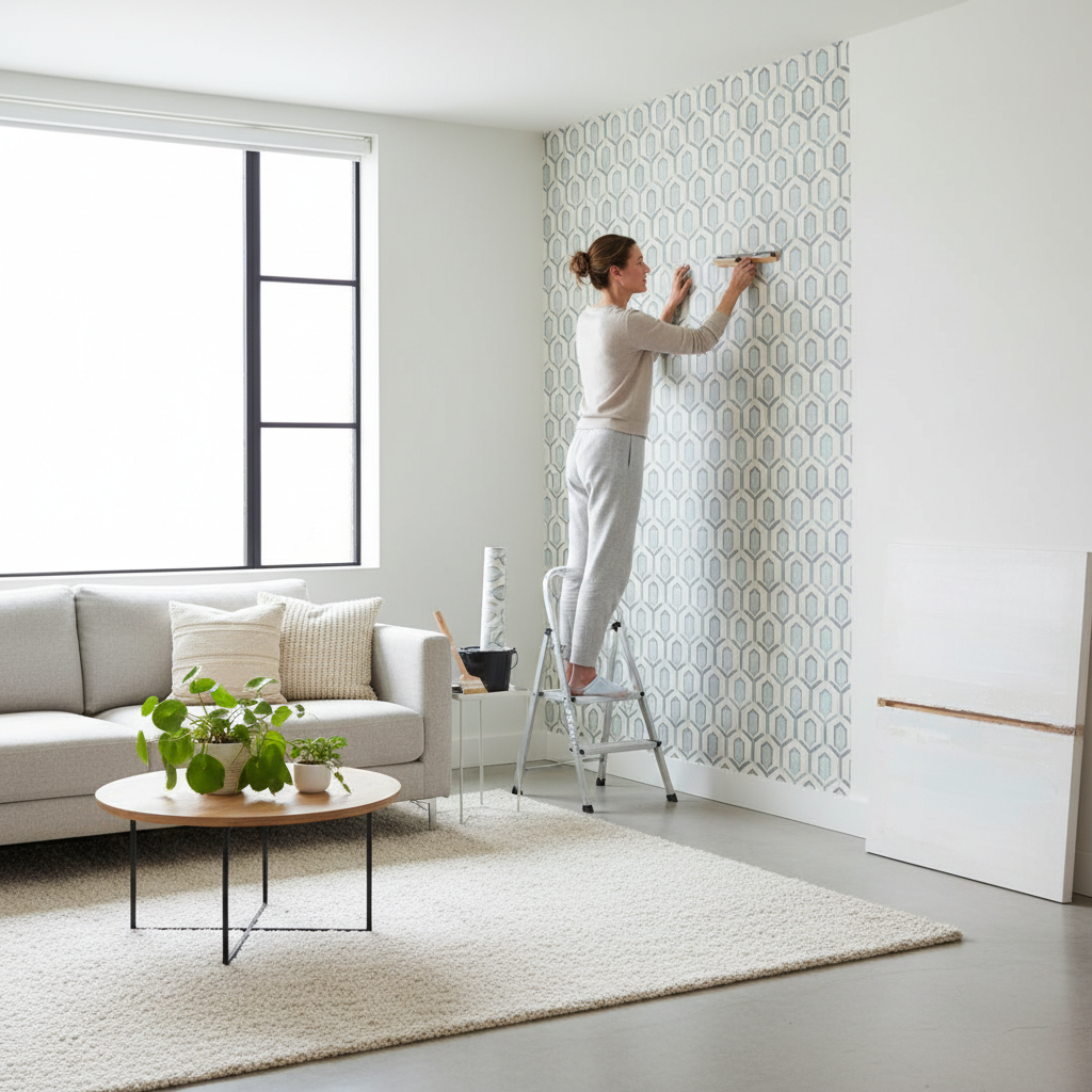 An inviting professional photo of a modern, bright living room or bedroom where one wall is being wallpapered. A person is standing comfortably, easily applying a strip of wallpaper to the wall. The room is uncluttered and spacious, with no bulky pasting table in view, emphasizing the 'space-saving' benefit. The scene should convey ease, calm, and the seamless integration of the decorating process into a home environment.