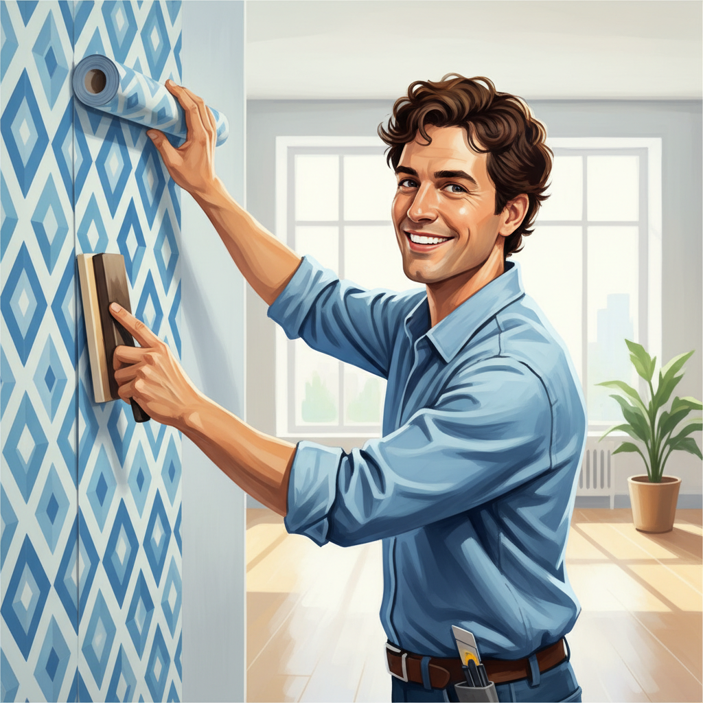 A dynamic digital painting of a homeowner confidently and effortlessly wallpapering a wall. The person is smiling, demonstrating the ease and reduced effort of the 'no-table' method. They are applying a wallpaper strip directly to the wall, possibly unrolling it from the top. Essential tools like a smoothing brush or cutting knife might be subtly visible. The background features a partially wallpapered, clean wall, highlighting efficiency and a stress-free experience.