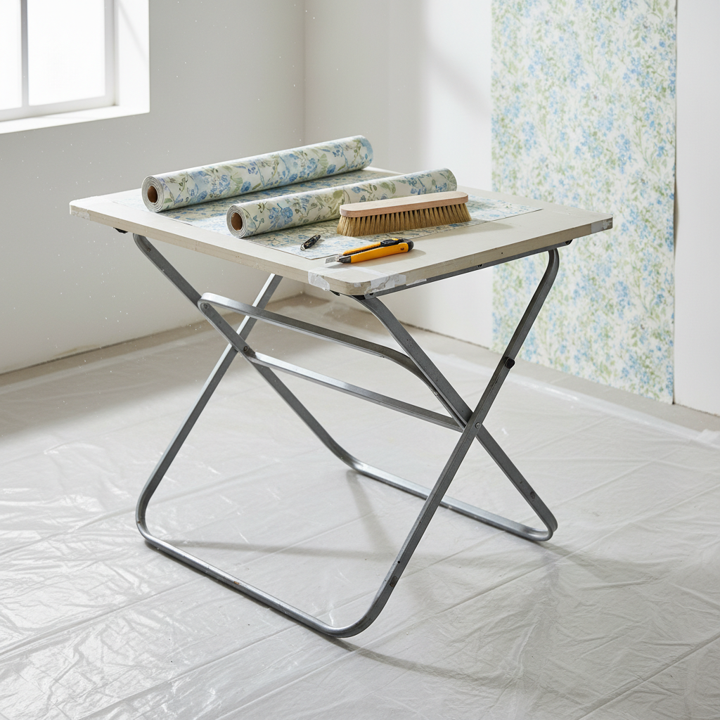 A professional photo of a sturdy Tapeziertisch unfolded in a bright, clean renovation setting. Wallpaper rolls, a smoothing brush, and a cutting knife are neatly arranged on its surface. The table's wooden or metal frame shows minor, subtle signs of use, but overall exudes a sense of readiness for work. The focus is on its utility and the potential for a long life with proper care.