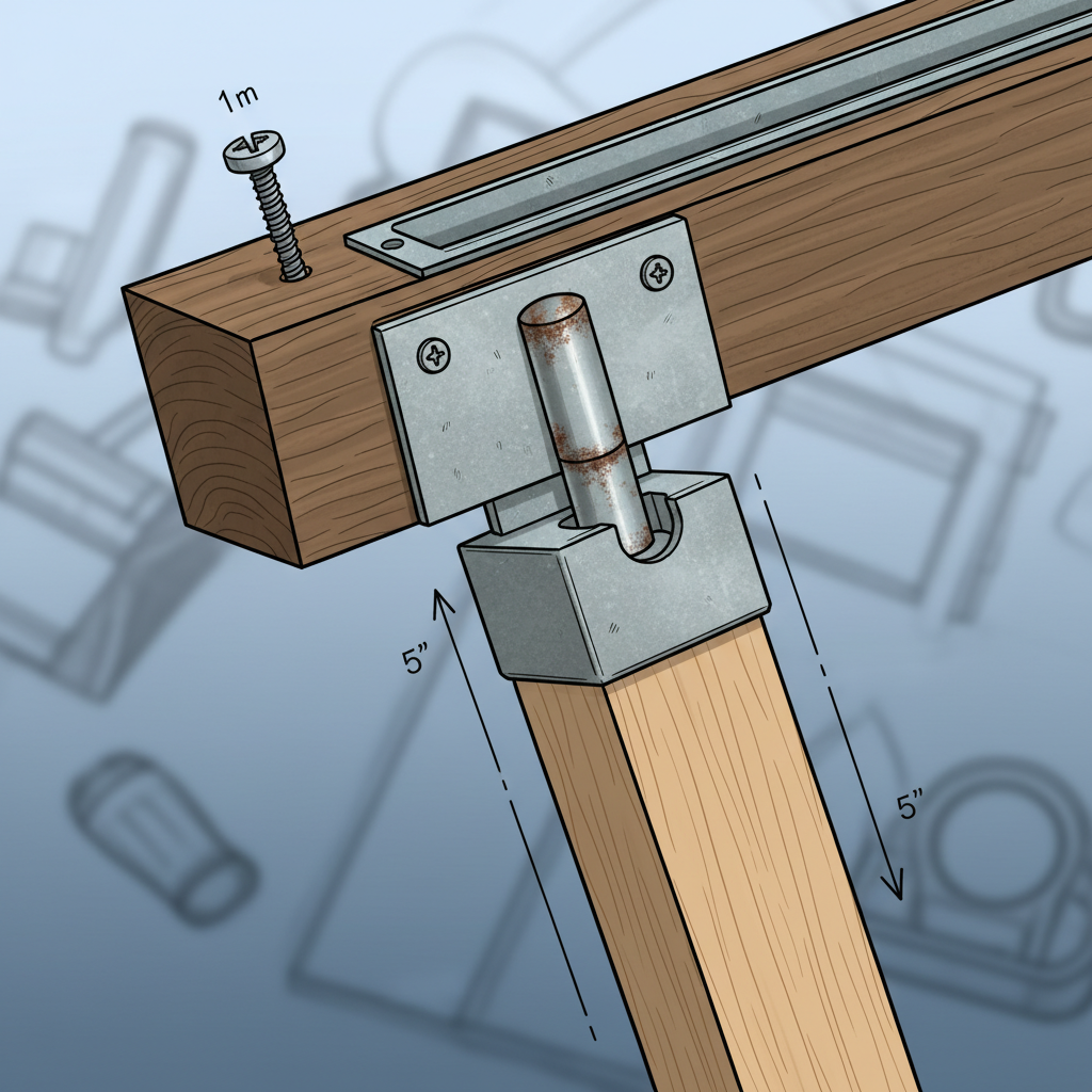 A close-up, detailed technical illustration focusing on the joint where a Tapeziertisch leg connects to the tabletop frame. The leg appears slightly misaligned or tilted, indicating instability. A visible, slightly loose screw or a worn hinge pin is highlighted, causing a subtle gap or wobble. The background is softly blurred to draw attention to the problematic connection point, emphasizing the need for repair.