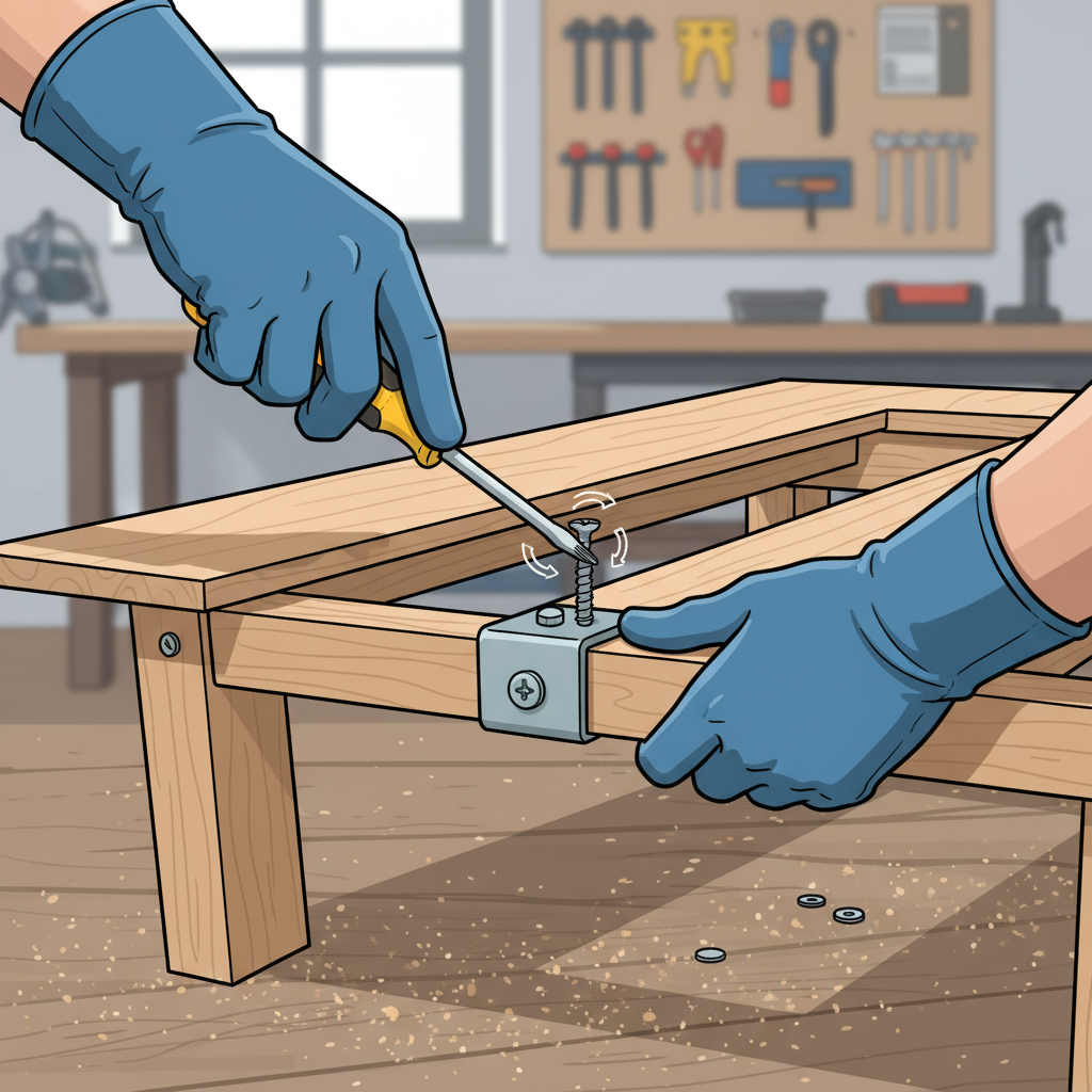 A clear process-oriented illustration showing a pair of hands, wearing work gloves, diligently tightening a visible screw on the underside of a Tapeziertisch leg mechanism with a screwdriver. The screw is clearly embedded in the table's frame, and the turning motion implies securing a loose connection. The table's structure is visible in the foreground, sturdy and functional, with the repair process clearly depicted.