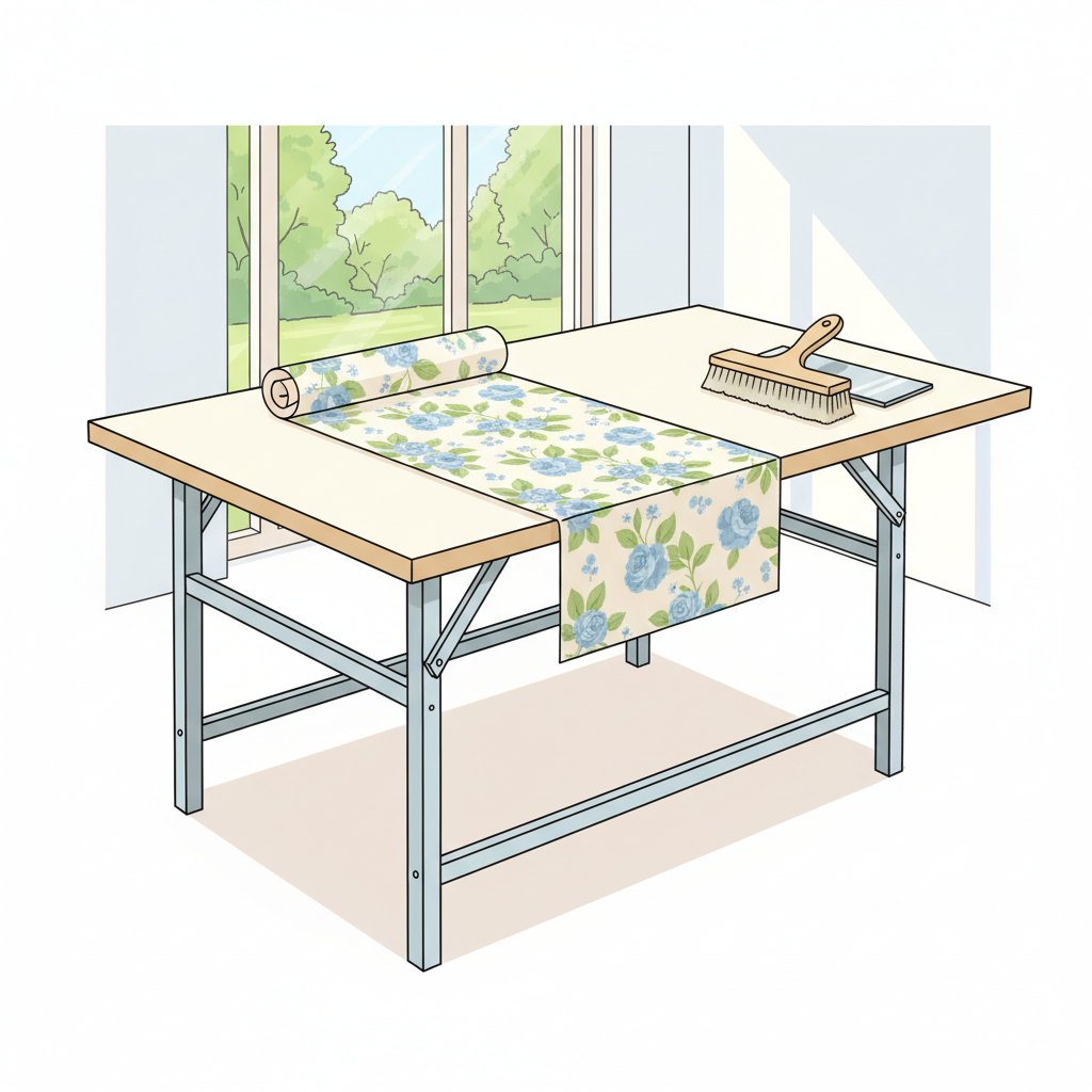 A bright, aspirational illustration of a perfectly stable and well-maintained Tapeziertisch, its surface clean and smooth, without any visible damage or wobbling. A long, freshly cut strip of wallpaper lies precisely on the table, ready for application, demonstrating the precision possible with a sturdy workspace. The overall impression is one of efficiency, reliability, and readiness for a successful renovation project.
