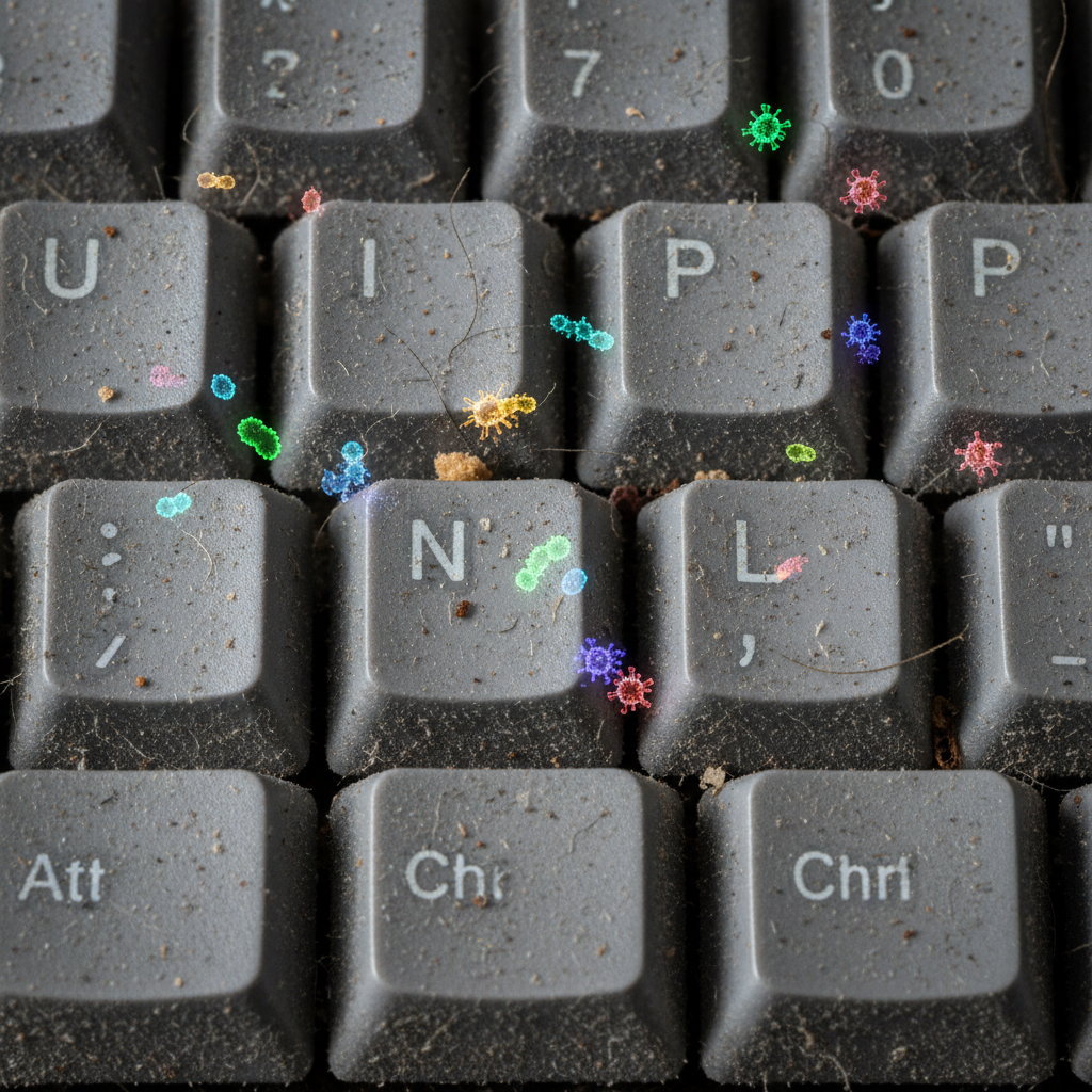A macro, professional photo capturing the intricate details of a dirty computer keyboard. The focus is on the crevices between keys, revealing tiny crumbs, dust particles, and specks of grime. Subtly, microscopic representations of bacteria and viruses in abstract, colorful forms (e.g., stylized spheres and rod shapes) are interspersed among the physical debris, suggesting the unseen hygiene issue. The lighting highlights the texture of the keycaps and the accumulated dirt, creating a visually impactful scene that conveys the need for cleaning. The overall mood should be slightly unappealing, emphasizing the dirtiness.