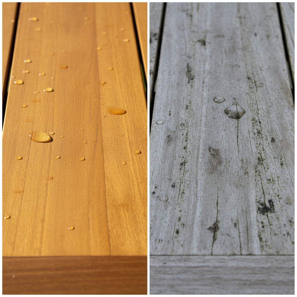A split image or a diptych contrasting the effects of maintenance on teak wood. On one side, a section of a beautifully maintained teak garden table or chair, showcasing a rich, warm golden-brown hue, smooth texture, and a subtle sheen. On the other side, an identical section of teak wood, exhibiting a dull, silvery-grey patina, subtle signs of weathered cracks, and faint discoloration, signifying neglect. The lighting should emphasize the difference in surface quality and color. Style: High-quality professional photo with a focus on natural wood textures.