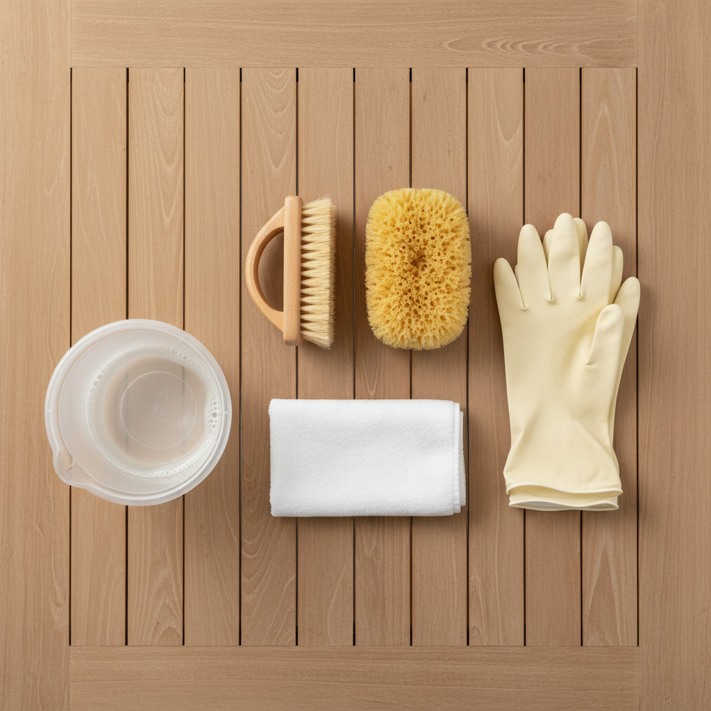 A flat lay composition displaying an organized collection of essential tools and products for cleaning teak wood. The arrangement includes a soft-bristled scrubbing brush, a natural sponge, a neatly folded microfiber cloth, a clear bucket with a hint of foamy water, and a pair of light-colored protective rubber gloves. The background features a subtle, out-of-focus teak wood surface, grounding the items in their context. The overall impression should be clean, practical, and inviting. Style: Bright, airy product photography with a clean, minimalist aesthetic.