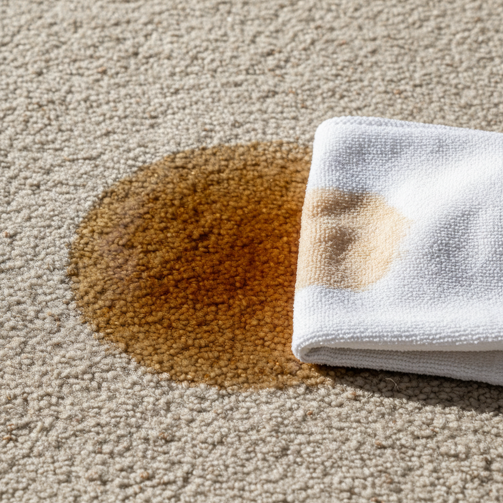 A vibrant, professional close-up photograph showcasing a fresh, dark brown tea stain on a light beige, woven carpet. A clean, white microfibre cloth or stack of kitchen paper towels is gently pressing down onto the outer edge of the stain, demonstrating the initial dabbing action. The light catches the texture of the carpet fibers and the dampness of the stain, emphasizing its recent appearance. The background is softly blurred to keep focus on the action and the stain. Bright, natural lighting.