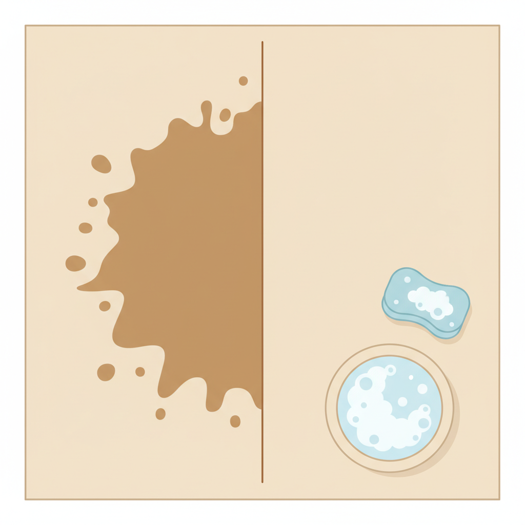 A clean, modern flat illustration depicting the effective removal of a tea stain from a carpet. The image uses a 'before and after' concept on a segment of a light-colored, short-pile carpet. On the left side, a prominent, dried tea stain is clearly visible. On the right side, the same carpet area is spotless, perfectly clean and dry, with no trace of the stain. Subtle graphic elements like a small bowl of foamy water and a clean sponge are placed near the 'after' section, hinting at the cleaning process. Uses a bright, harmonious color palette.