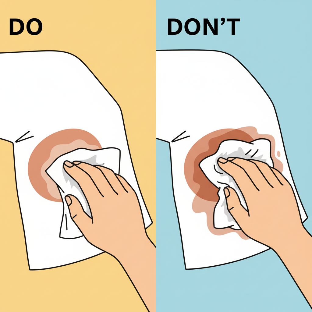 A vibrant, flat illustration depicting a 'before and after' or 'do and don't' scenario for fresh tea stains. On one side, a clean white textile (e.g., a shirt sleeve) with a fresh, still-wet brown tea stain. A hand is gently dabbing the stain with a clean, white cloth or paper towel, illustrating the correct immediate action. On the other side, the same textile and fresh stain, but a hand is shown aggressively rubbing the stain, causing it to visibly spread and deepen into the fibers. The overall scene should be bright and informative, emphasizing quick and correct intervention.