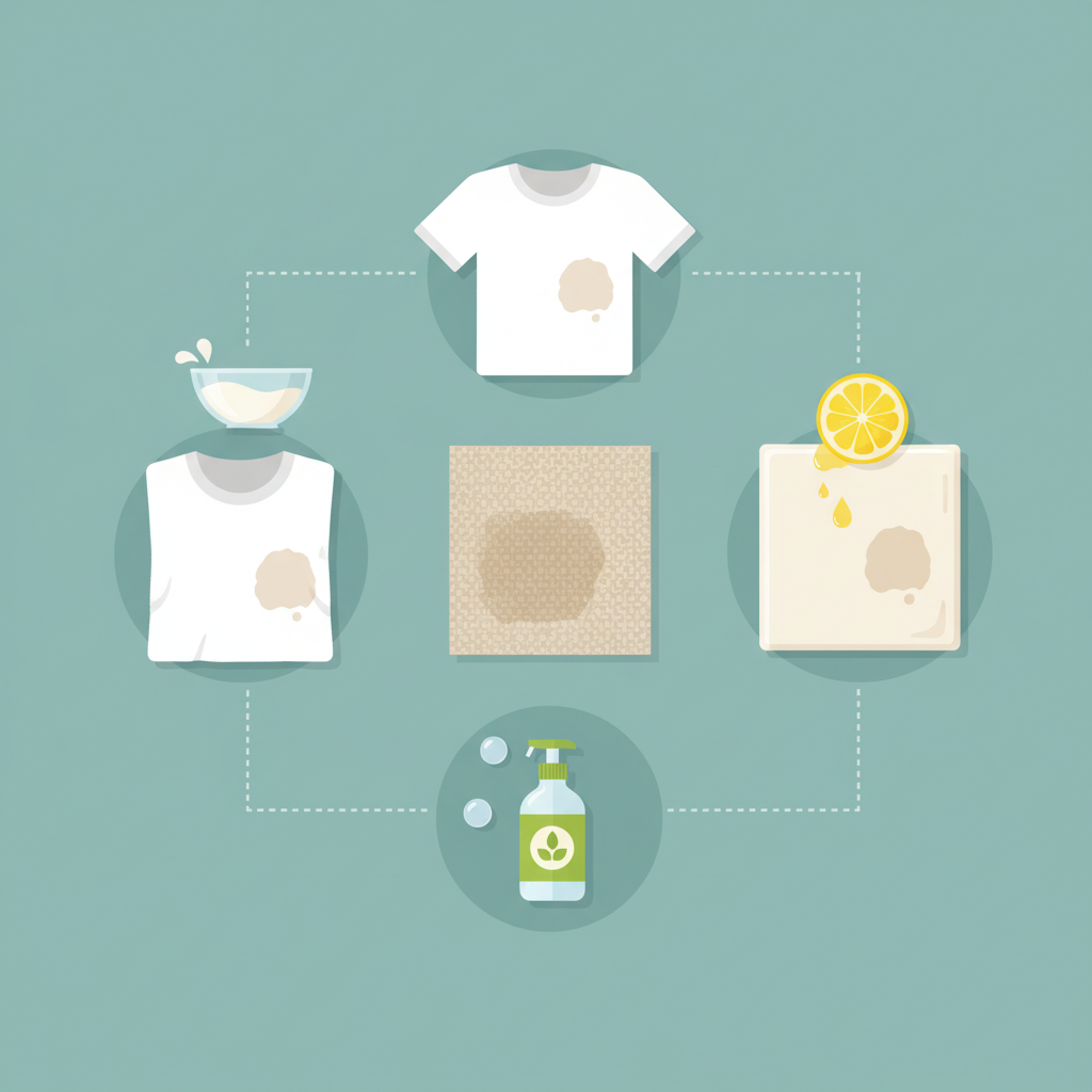 An infographic-style illustration showcasing various common household items and surfaces for tea stain removal. The central image features small sections of different materials: a white cotton t-shirt, a beige carpet swatch, and a smooth ceramic tile, each with a faded brown tea stain. Around these stained items, visually represent natural cleaning agents: a small bowl of white vinegar, a lemon slice, and a bottle of mild dish soap, implying their application. The style is clean, modern, and visually appealing, conveying a sense of practical solutions for different types of surfaces.