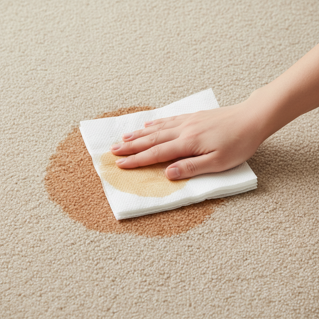 A close-up, high-angle professional photo showing a person's hand gently dabbing a fresh, reddish-brown tea stain on a light beige, short-pile carpet. The hand holds a stack of white, absorbent paper towels, pressing softly onto the wet stain. The area around the stain is clean, suggesting a well-maintained home environment. The focus is on the careful, immediate action of soaking up the liquid without rubbing, demonstrating the urgency and proper technique for initial stain removal.