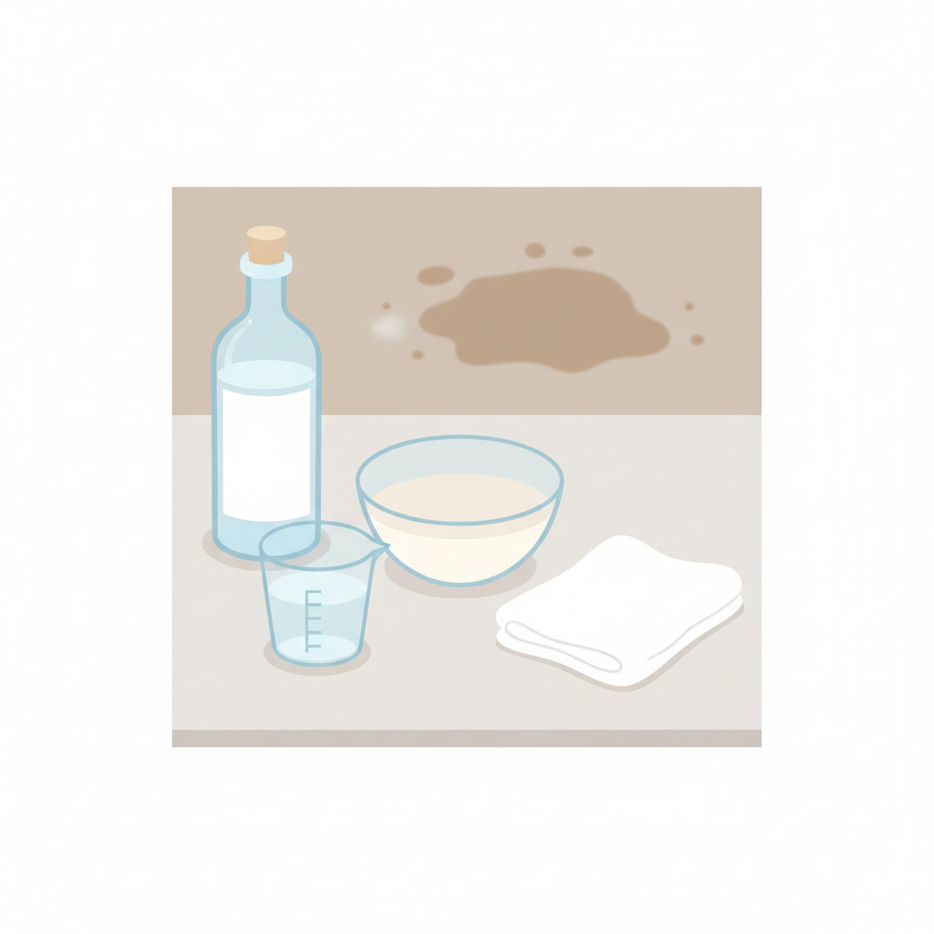 A clean, modern flat illustration, rendered from a slightly elevated perspective, showcasing the preparation of a simple home remedy for tea stains. On a clean surface, a glass bowl contains a light liquid mixture representing diluted vinegar. Beside it, a minimalist bottle of white vinegar and a clear measuring cup are neatly arranged. A folded, clean white cloth is positioned nearby, ready for application. A subtle, faded tea stain is visible on a small patch of carpet in the background, hinting at the problem.