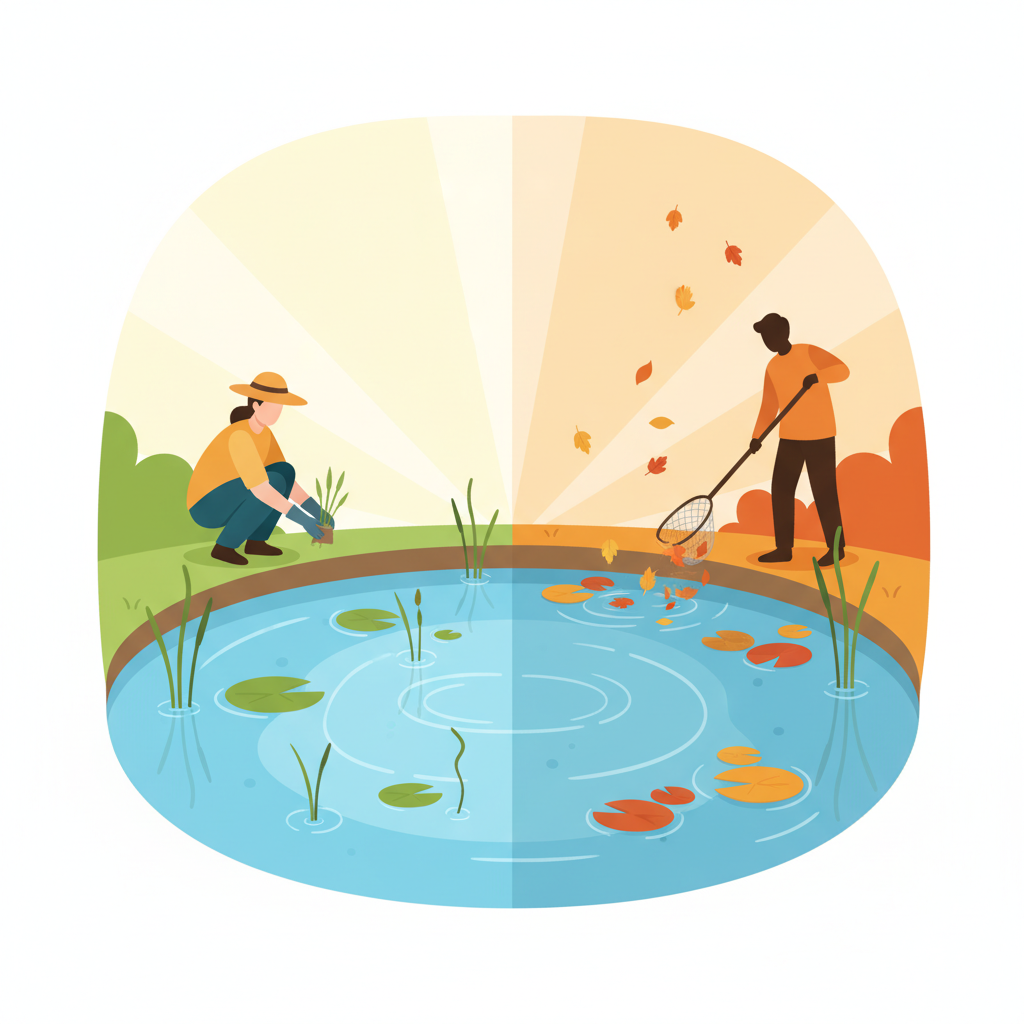 A vibrant, cheerful flat illustration depicting a garden pond through two distinct seasons, highlighting the main cleaning periods. On the left side, a spring scene with delicate green shoots emerging from the water, a person in the background gently tending to new aquatic plants, and bright sunlight illuminating the clear water. On the right side, an autumn scene showing colorful leaves gently falling towards the pond surface, with a silhouette of a person carefully skimming leaves from the water with a net. The pond itself appears healthy and well-maintained in both sections, showcasing the results of timely care. The overall aesthetic should be clean and inviting, emphasizing the seasonal cycles.
