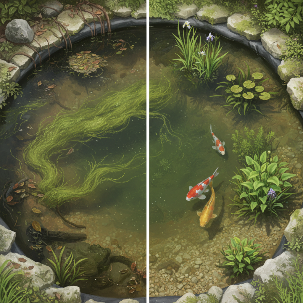 A striking, professional digital painting or highly detailed illustration presenting a side-by-side comparison of a garden pond. The left half depicts a neglected pond: murky, greenish water filled with excessive algae blooms, decaying leaves accumulating on the surface and visible sludge at the bottom, creating a rather unappealing environment. The right half shows the same pond transformed after cleaning: crystal-clear water revealing a clean gravel or pebble bed, healthy, vibrant aquatic plants thriving, and active, colorful fish swimming freely. The contrast should be stark, visually emphasizing the positive impact of regular maintenance on the pond's health and aesthetic appeal.