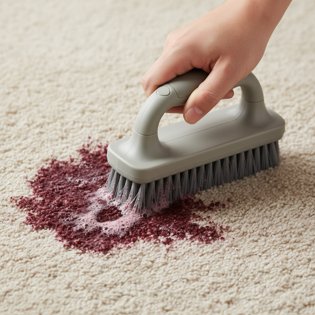 A close-up, professional photograph of a specialized carpet stain brush actively being used to scrub a fresh, vibrant stain (e.g., spilled coffee or red wine) on a neutral-colored, plush carpet. The hand holding the brush should be visible, showcasing an ergonomic grip. The stiff, targeted bristles of the brush should be clearly visible as they work deep into the carpet fibers, with the stain visibly beginning to lift or dissipate around the scrubbed area. The focus is on the action and effectiveness of the brush.