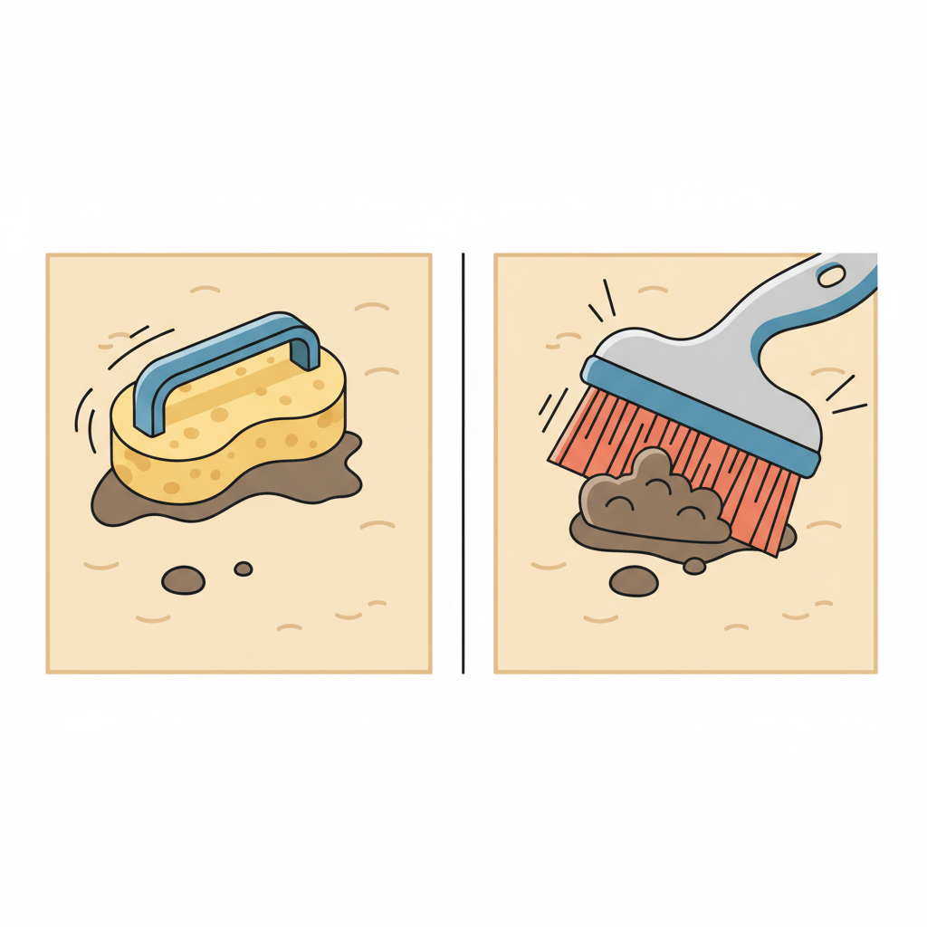 A vibrant, clean flat illustration showing a side-by-side comparison of two cleaning methods for a carpet stain. On the left, a soft, generic household sponge or brush attempts to clean a small, stubborn stain on a carpet, appearing ineffective or simply smearing the stain. On the right, a specialized carpet stain brush with firm, angled bristles is effectively lifting and containing the same type of stain, demonstrating targeted power and efficiency. Highlight the distinct features of the specialized brush, such as its ergonomic handle and bristle configuration.